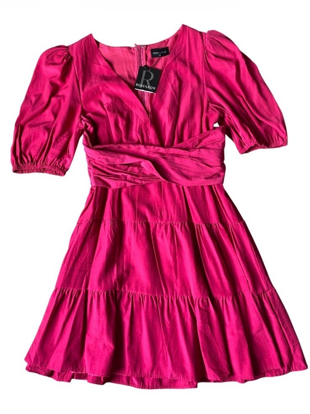 Roseason Hot Pink Mini Dress Size 12 NWT V-Neck Puff Sleeve Tiered Viscose Ramie - Picture 1 of 9